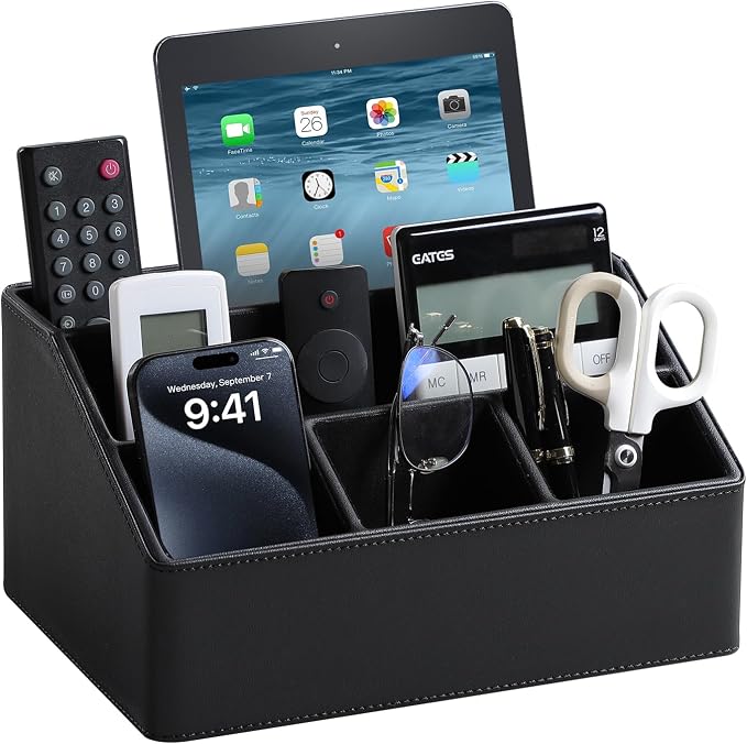 PU Leather Desk Organizer, Remote Control Holder, Black | Luxury Nightstand Organizer for Home, Office Desk Accessories, Bedside Table Caddy with 5 Compartments, Velvet Lining