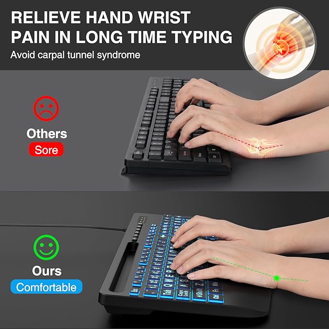 SABLUTE K21 Pro Large Print Backlit Keyboard, Wired USB Computer Keyboards with 7-Colors Backlight, Wrist Rest, Phone Holder, Oversized Letter Keys Easy to See and Type for Laptop, PC, Windows, Black