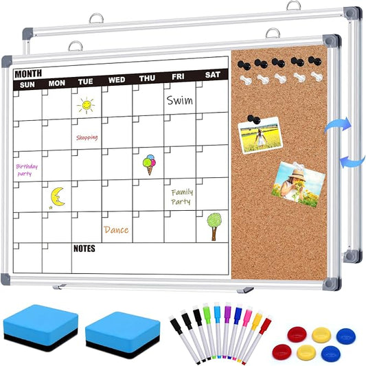 Calendar Whiteboard for Wall, 17" x 13" Double Sided Monthly Dry Erase Board Calendar for Office, Home, School, Hanging Cork Board White Board Combo, Portable Magnetic Dry Erase Planner Board