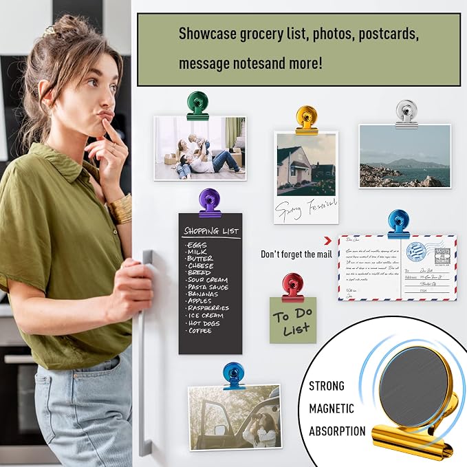 FINDMAG 12 Pack Magnetic Clips, Gold Fridge Magnets Clips for Office Use | Magnets with Clips, Organization Kitchen Accessories, Photo Frames, Cruise, Decoration Gifts, Home, School
