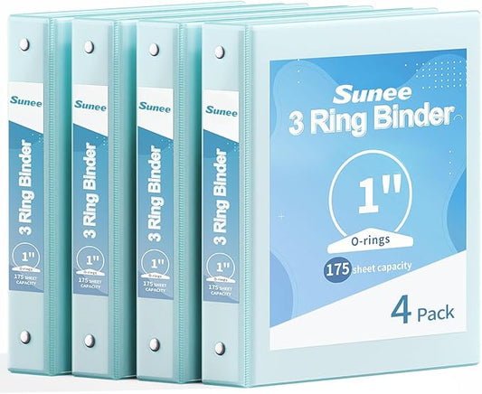 SUNEE 3 Ring Binder 1 Inch 4 Pack, Clear View 1" Binders Three Ring PVC-Free (Fit 8.5x11 Inches) for School or Office Supplies, Blue