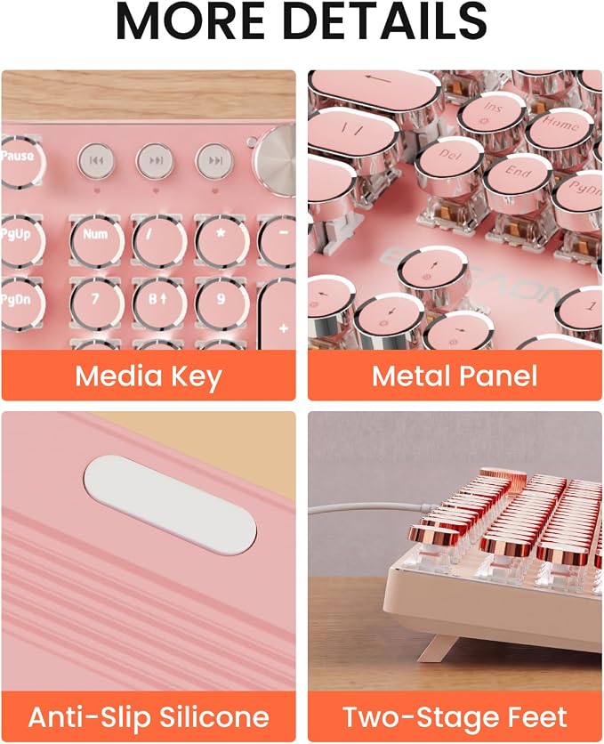 EWEADN Wired Typewriter Mechanical Keyboard, Low Noise White Switch Retro Punk Keyboard with Media Knob, White Backlit, Metal Panel, 104-Key Round Keycaps Cute Keyboard for Windows PC - Pink