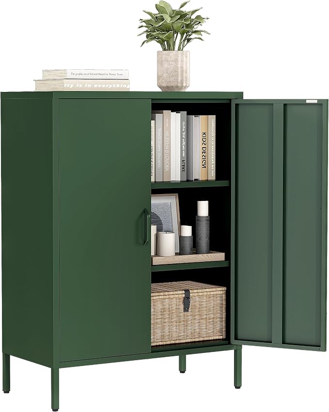 Bevivog Green Metal Locker Cabinet with 2 Doors, Metal Accent Cabinets with 2 Adjustable Shelves Home Office Storage Lockers Sideboard for Kitchen Living Room Hallway Entryway