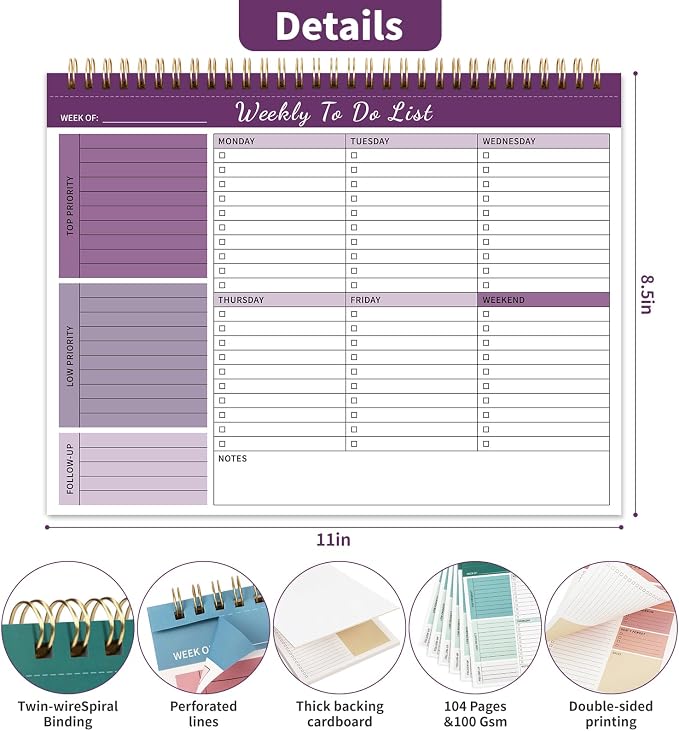 104 Pgs Weekly To Do List Notepad 52 Duplex-Printed Undated Sheets 100 GSM | （8.5"×11") Weekly Desk Planner For Work Home School Office Desk Accessories Supplies & Goal Setting Tasks - Purple