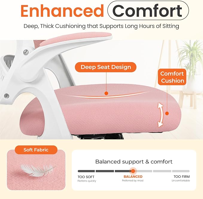 NEO CHAIR Office Computer Chair Ergonomic Mesh Back Flip-Up Arms, Pink | Lumbar Support, Smooth-Rolling Casters, Height Adjustable Seat, Comfortable Seating for Office, Study and Computer Work