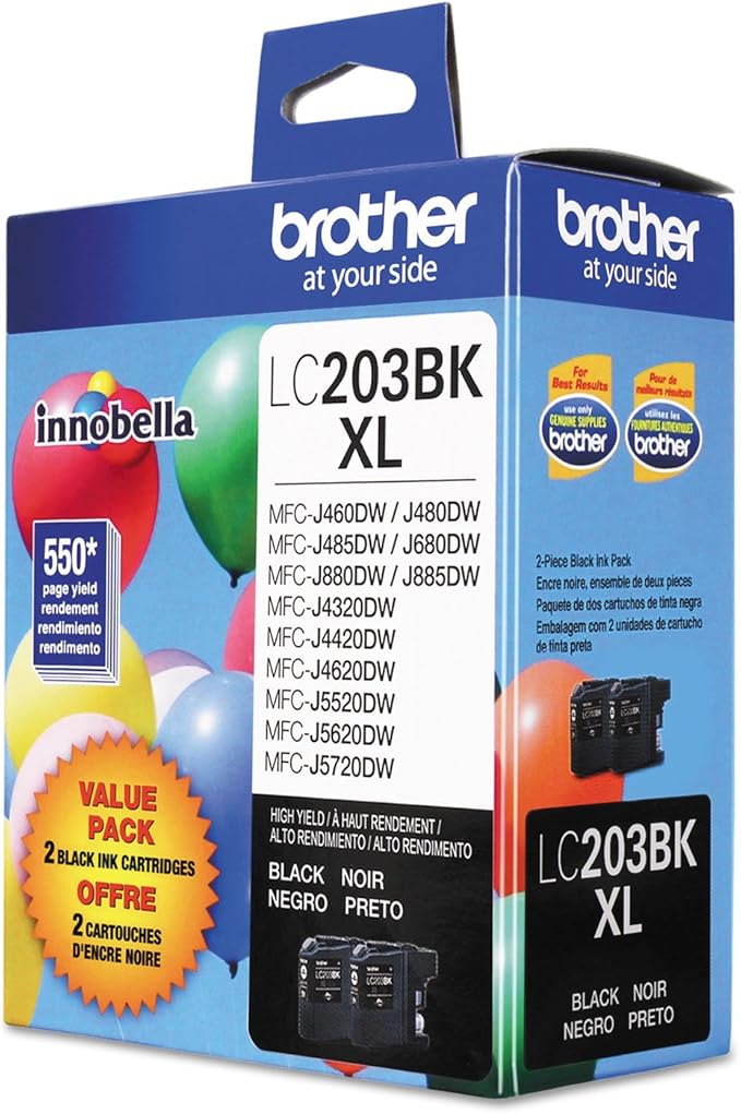 Brother Genuine High Yield Black Ink Cartridges, LC2032PKS, Replacement Black Ink Two Pack, Includes 2 Cartridges of Black Ink, Page Yield Up to 550 Pages/Cartridge, LC203