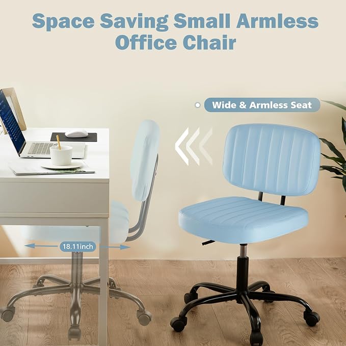 DUMOS Armless Office Chair, Small Home Desk Chair, Lumbar Support | PU Leather Low Back, Height Adjustable, 360 Swivel Wheels, Armless Computer Task Executive, Blue