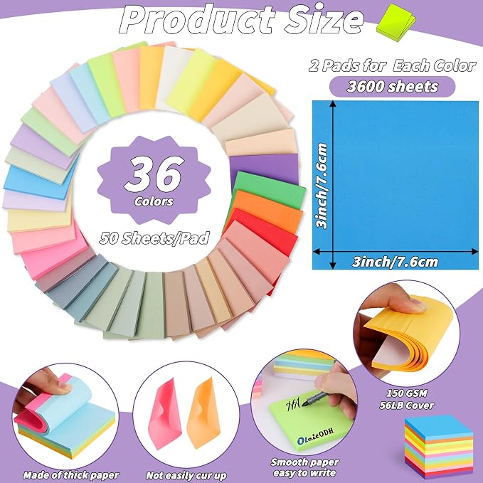 72 Pack Sticky Notes Bulk 3x3 Inch 36 Colors Colorful Memo Pads | 50 Sheets Per Pad, Self Stick Notes, Adhesive Paper, Office, School, Home, Meetings, Planning, Reminders, Organization