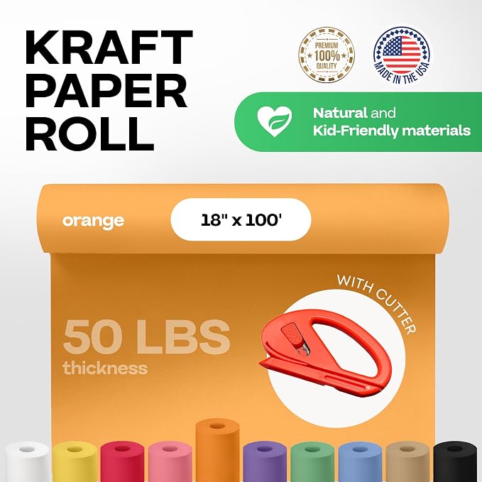 Orange Kraft Paper Roll 18" x 1200" (100 feet) with Cutter - USA-Made Gift Wrapping Paper for Packing, Moving, Shipping & Crafts/Arts - 100% Recyclable Natural Craft Material by IDL Packaging | Gift Wrapping Paper for Packing, Moving, Shipping & Crafts...