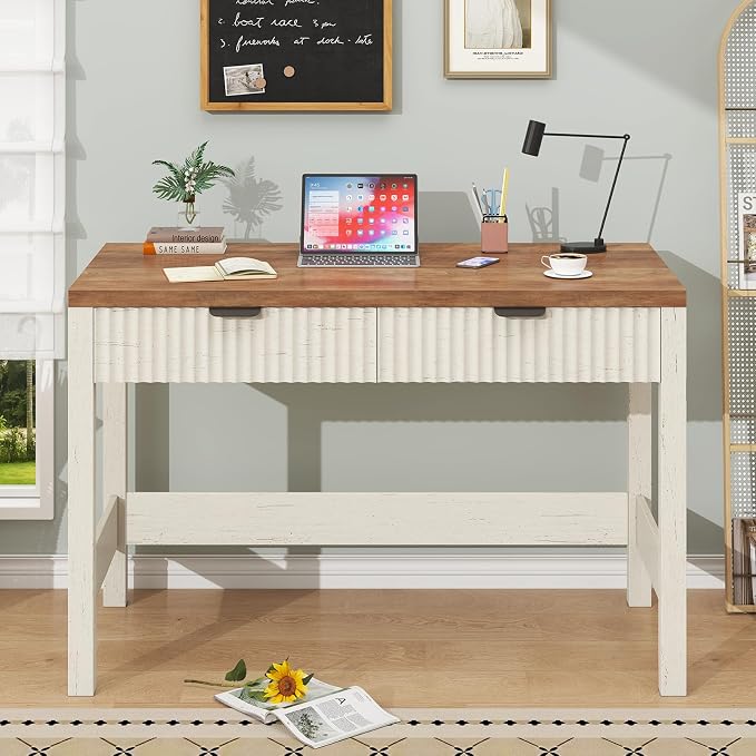 39 Inch Small Fluted Computer Desk with 2 Drawers for Bedroom, Home Office | Small Computer Desk with Storage, Compact Writing Study Desk for Small Spaces, Brown & White