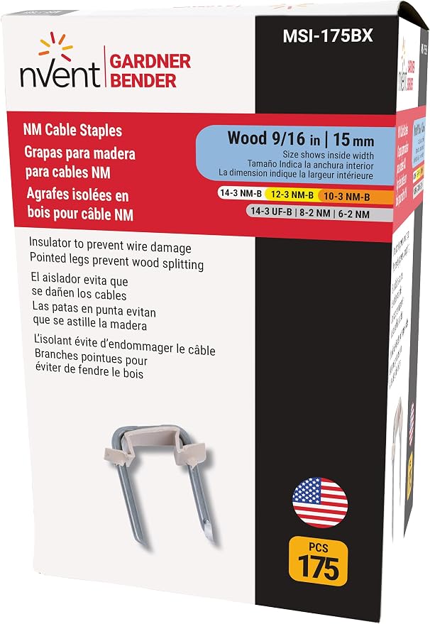 Gardner Bender MSI-75BX 9/16 in (14 mm), Metal Staple w/Polyethylene Insulated Strap, 3 Cond #14, #12, #10 NM, Tan, (100-Box)