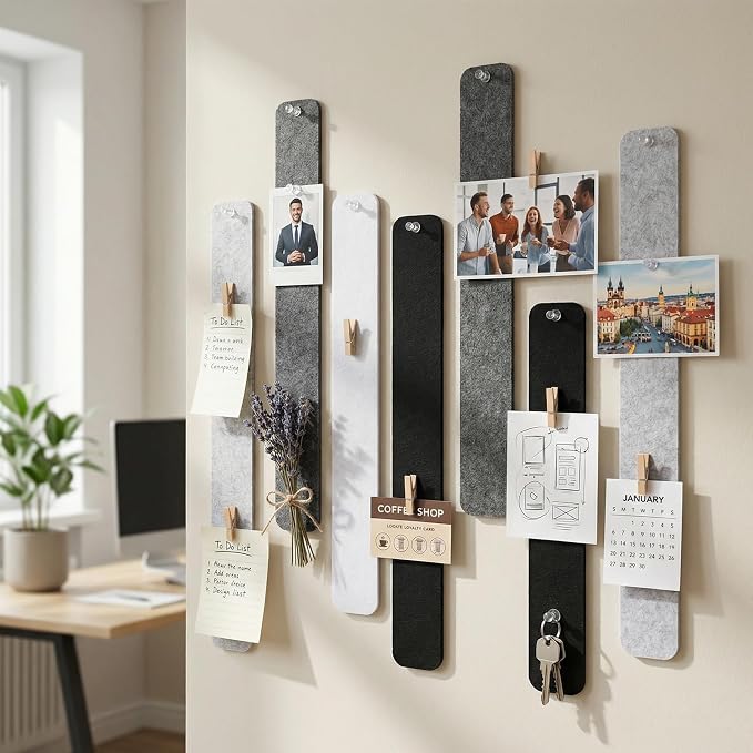 8 Pack Felt Bulletin Board Strips, 13x2 Inch Pin Board, Cork Boards | Self Adhesive, Includes 50 Pushpins and 10 Wooden Clips Push Pins, for Walls Home School Office Decor (Black White Gray)
