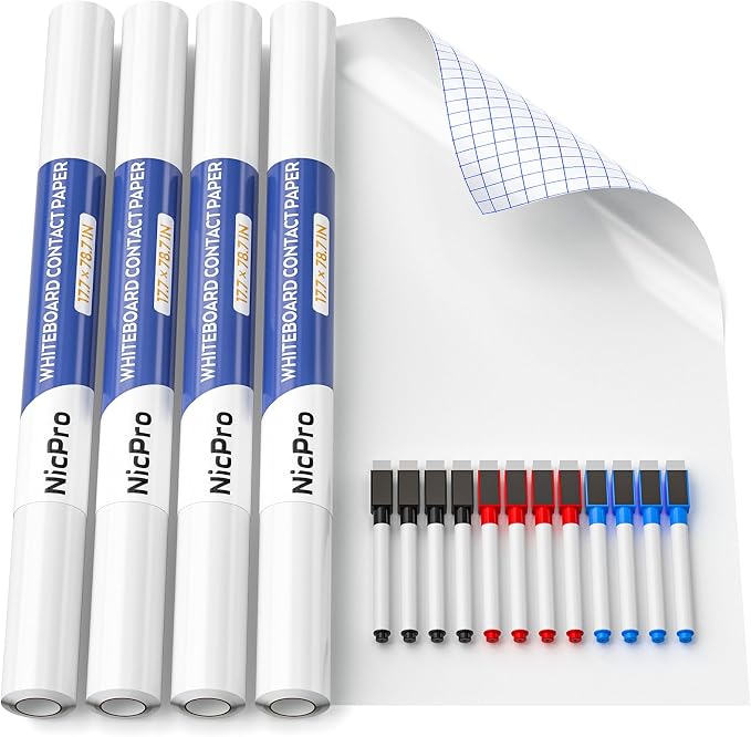 Nicpro 4 Pack Dry Erase Whiteboard Sticker Wall Decal 17.7" X 78.7"(6.5 ft) | Self-Adhesive White Board Peel Stick Paper to Do List with 12PCS Water-Based Pens for School, Office, Home, Kids Drawing