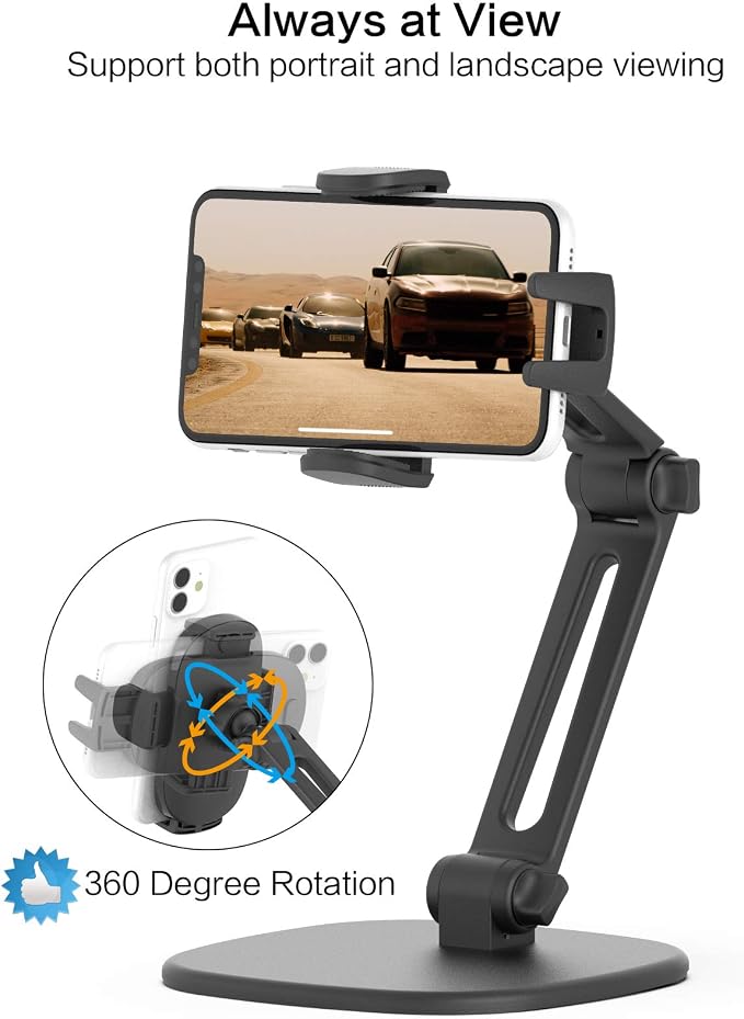 APPS2Car Phone Stand for Desk, Adjustable Cell Phone Holder for Office | Triple-Clamp Phone Holder, Height-Adjustable Folding Arm, 360° Rotation, Anti-Slip Base, Fits Cases up to 20mm