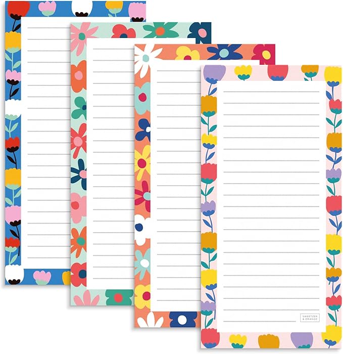 Sweetzer & Orange S&O Magnetic Notepads for Refrigerator 4 Pack - Fun Floral planner for Fridge Sets - Force field List sheets for cooler - Sticky writing pages for freezer - 3.5” x 7”, 45 Pages