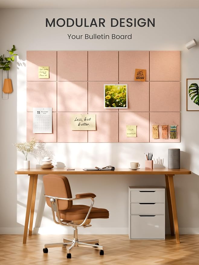 Bumusty 48" x 36" Large Cork Board Alternative, Pink | 12-Pack Felt Bulletin Board Tiles, 60 Adhesive Tabs, 30 Pushpins, Home, Office, Classroom, Vision Board