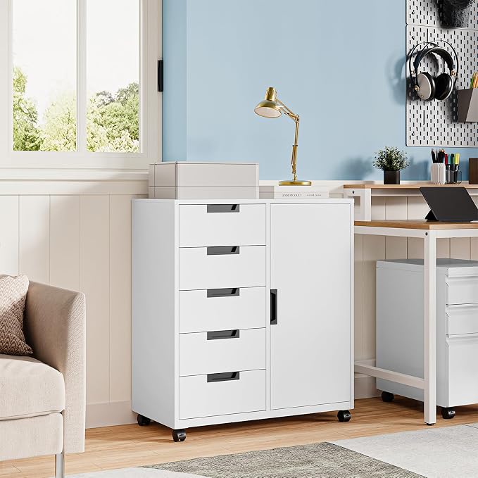 MIIIKO 5 Drawer Storage Cabinet with Door and Shelf, Mobile Lateral Cabinet on Wheels, Office Small Organizer Printer Stand, White File Cabinets