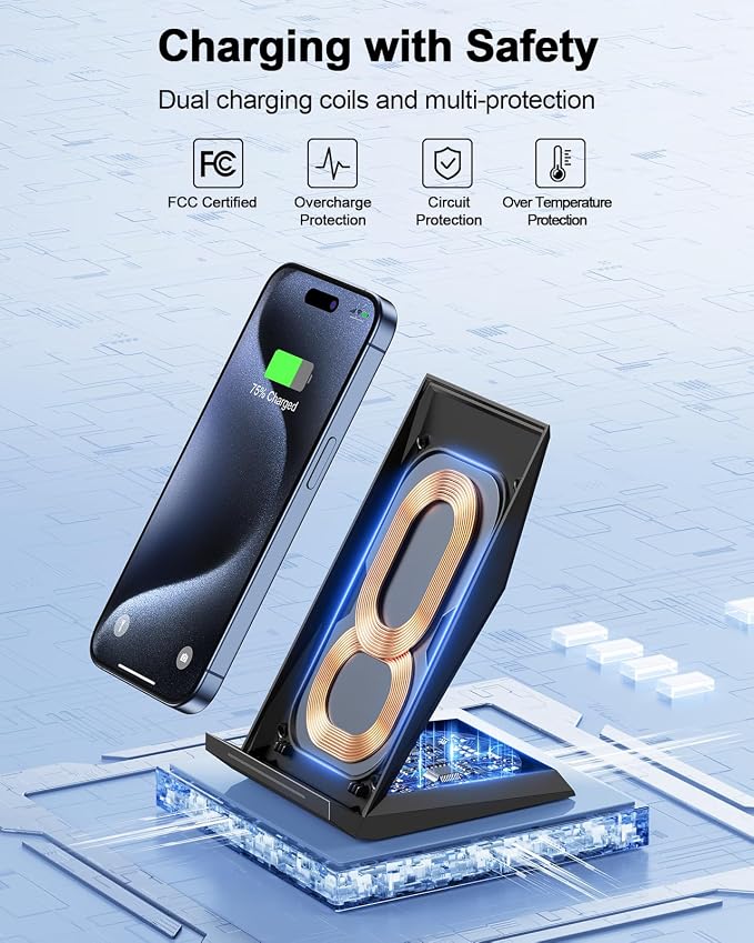 NANAMI Fast Wireless Charger, Wireless Charging Stand | Compatible iPhone 17/17 Air/16/15/15 Pro/15 Pro Max, Nightstand Phone Charger Dock for Samsung Galaxy S26/S26+/S25/S24