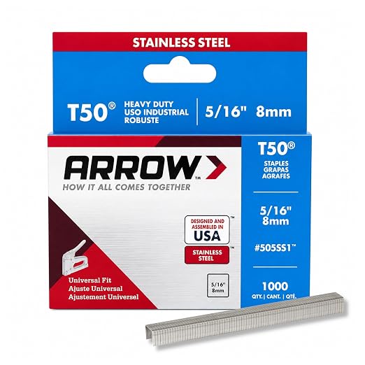 Arrow 505SS1 T50 Staples, 5/16-Inch Leg, 3/8-Inch Crown, 1000 Count | Heavy Duty Stainless Steel Staples for Upholstery, Construction, Crafts, Fit Arrow Staple Gun, Hammer Tacker, Pneumatic Tool