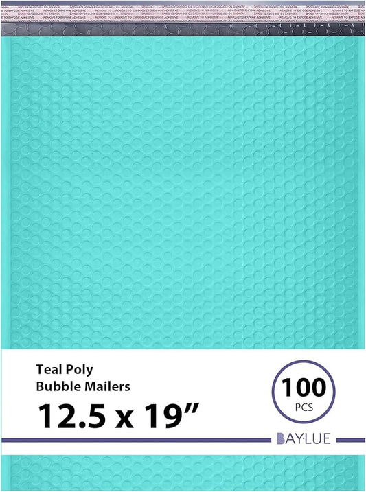 Teal 12.5x19.5 Inch Large Poly Bubble Mailers #6 | Padded Envelopes with Self Seal | Air Lined Cushioned Bubble Mailer | Usable Size 12.5x15 | 100 Pack Bulk | Lightweight shipping Bags