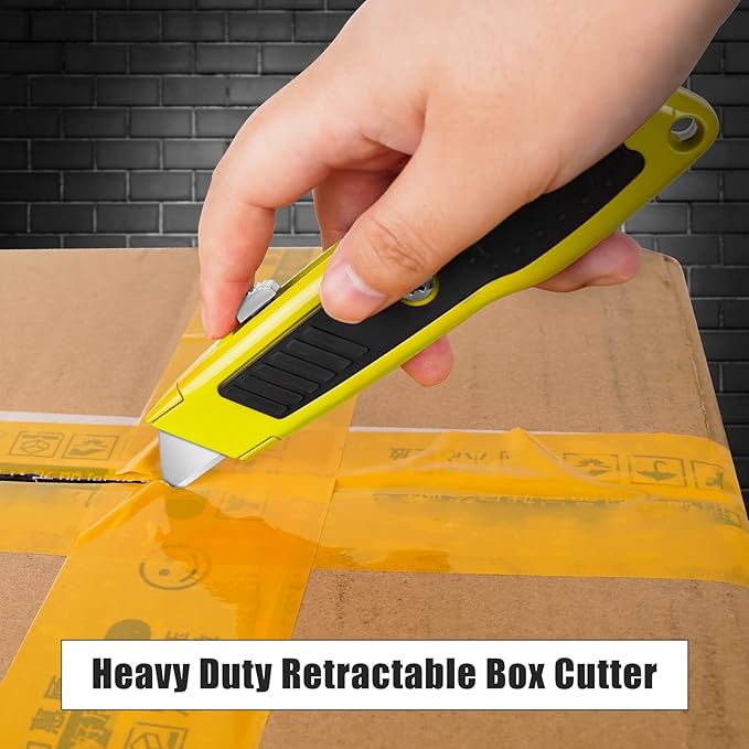 DIYSELF 2 Pack Box Cutters, Razor Knife Utility Cardboard Cutter, Heavy Duty Utility Knife Retractable, Secure Locking, Aluminum Box Cutter Shell, for Home, Office, School, Warehouse (Yellow)