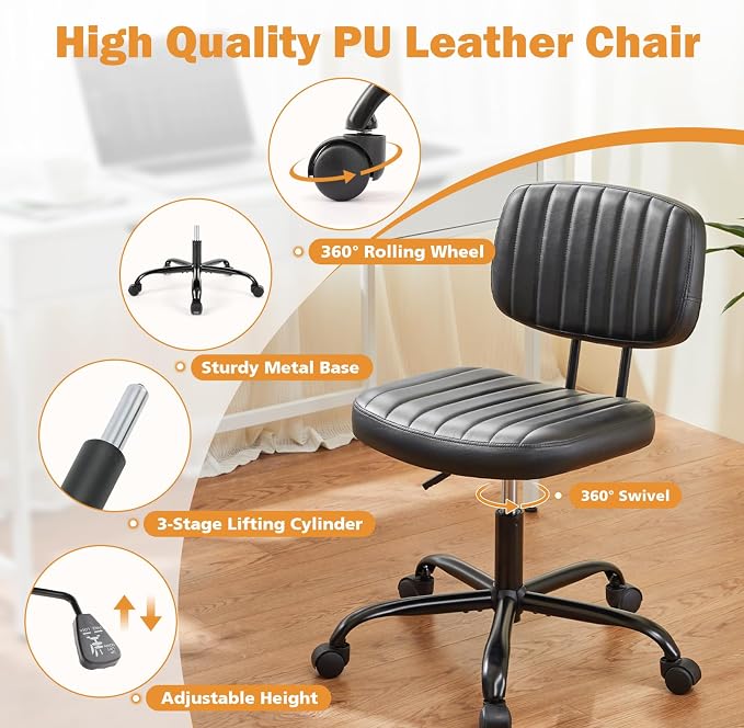 Sweetcrispy Office Desk Chair, Small Home Vanity Chair, Lumbar Support | Armless PU Leather, Height Adjustable Rolling Swivel Task, Bedroom Home Student, Black