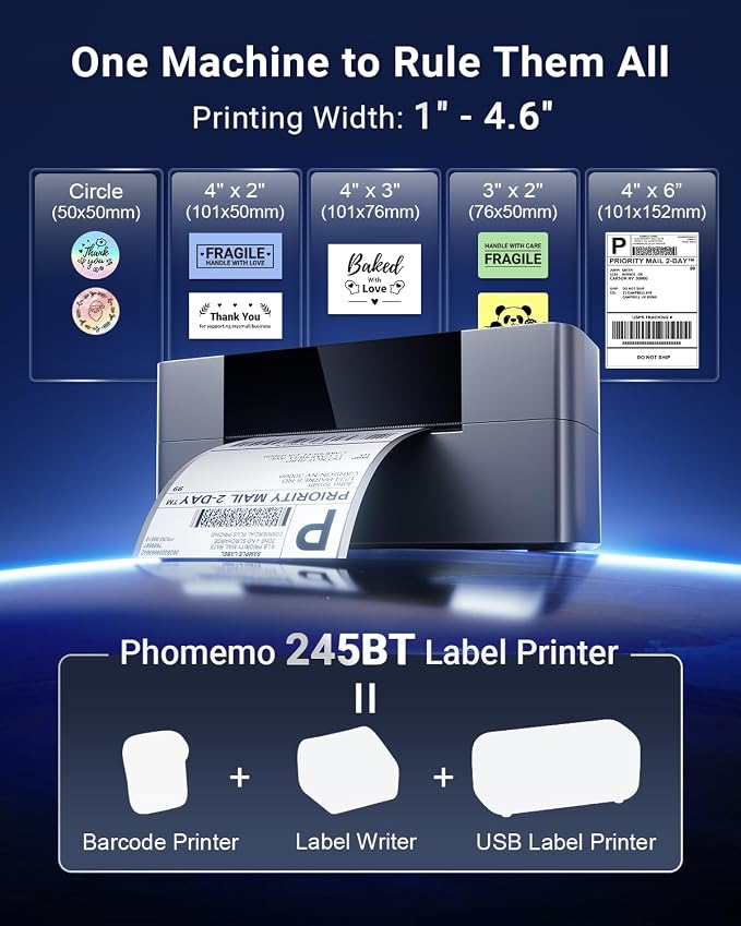4x6 Bluetooth Thermal Shipping Label Printer for Small Business, Black | 203DPI Wireless Desktop Thermal Label Printer, Compatible with Android, macOS TIK Tok, Amazon, Shopify, Etsy, USPS