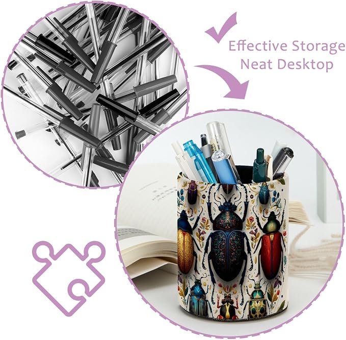 Leather Pen Holder for Desk, Circular Beetle Pencil Cup Pen Organizer Makeup Brush Holder for Office Home Kids Countertop Desk Accessory Storage