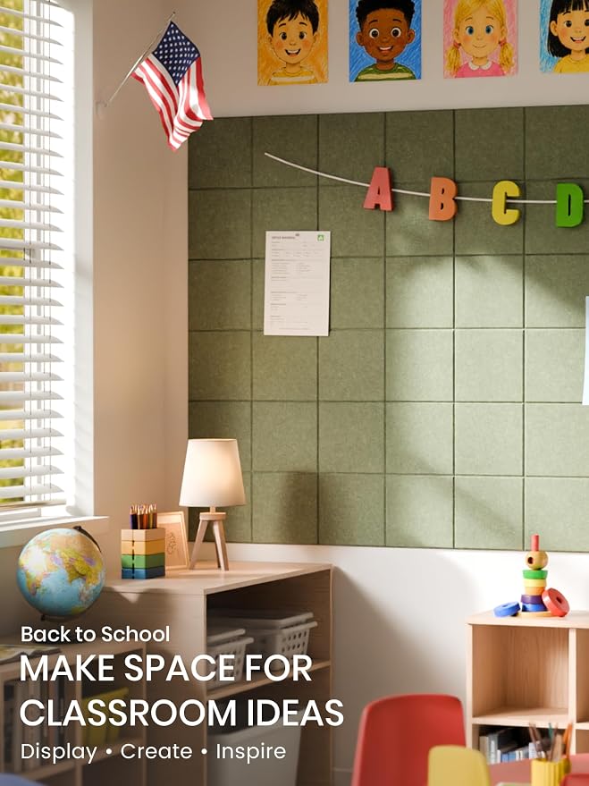 Bumusty 36" x 24" Large Cork Board Alternative, Olive Green | 6-Pack Felt Bulletin Board Tiles, 60 Adhesive Tabs, 30 Pushpins, Home, Office, Classroom, Vision Board