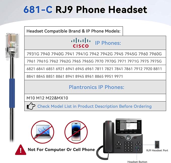 Wantek Cisco Phone Headset for Landline Office Phone,Noise Canceling Microphone and Mute Switch,Telephone Headset Compatible with Cisco IP-7940 7942 7945 7960 7962 7965 7811 7821 8811 8841 8845 8851