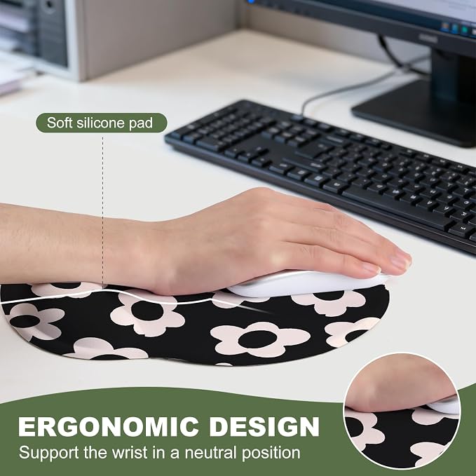 Cute White Flowers Mouse Pad with Gel Wrist Support, Smooth Surface Ergonomic Mouse pad, Non-Slip Pain Relief Desk Mat for Gaming, Work & Office Desktop
