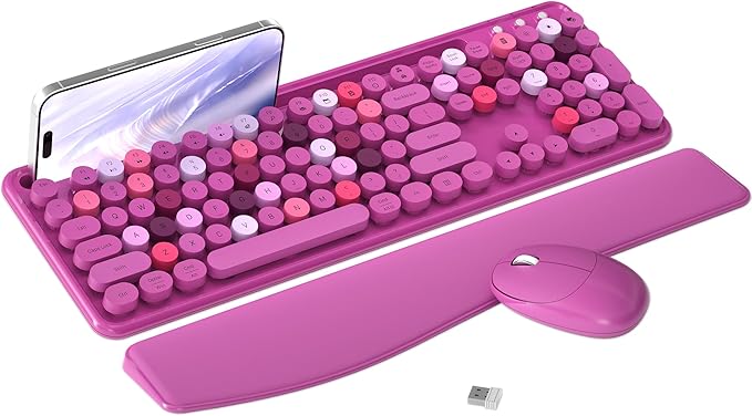 Wireless Keyboard and Mouse Combo with Phone Holder (Rose-Red) | MPTOG Colorful Typewriter Keys with Wrist Rest, , 2.4GHz Wireless, Full-Sized Optical Mouse for PC and Laptop