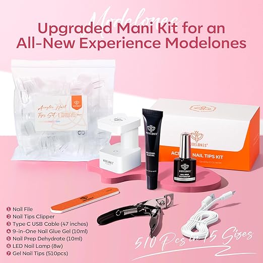 modelones X Nail Gel Kit Almond,510Pcs Nail Tips Solid Glue Prep Dehydrator & Mini U V LED Light Clipper, Upgrade 15Sizes Medium Almond Press on Tips Etch for Easy Extension DIY Women Gift