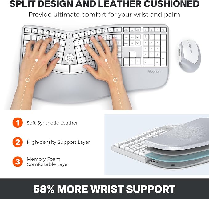 MEETION Ergonomic Keyboard Mouse Combo, Split Design, Vertical Mouse, Gray | Rechargeable full-size keyboard with cushioned wrist rest, 2.4GHz USB receiver, natural typing, for Windows, Mac, PC, laptop