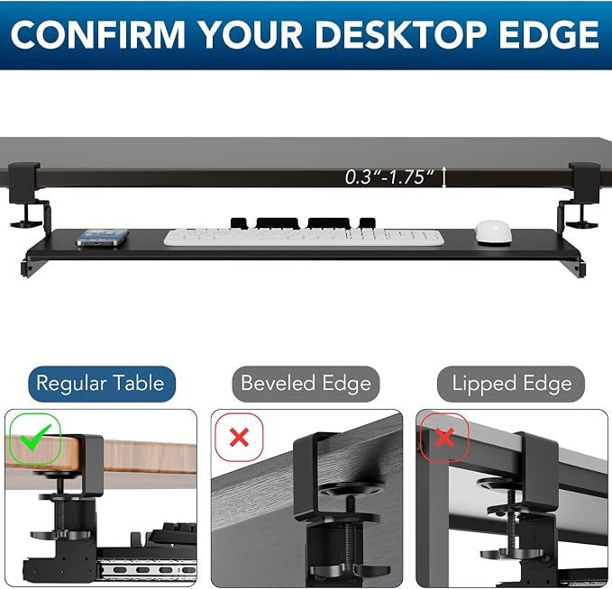 Keyboard Tray Under Desk Pull Out with 3 Height Adjustable Extra Sturdy C Clamp Mount System, 32.8 (38 inch Including Clamps) x 12 Inch Slide-Out Platform Computer Drawer for Typing