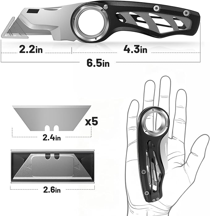 Folding Utility Knife Pocket Knife, Heavy-Duty Box Cutter with Aluminum Body, Quick Change Blades, Anti Slip Finger Loop, Box Cutter for Home, Office, Warehouse, Durable Razor Knife, Box Knife - Black
