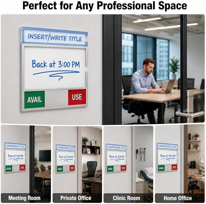 Office Door Sign, Conference Room Door Sign, In a Meeting & Do Not Disturb Status Sign, Out of Office, Available & In Use Messages, Writable Whiteboard with Insert Slot, 8 Status Options, Self-Adhesive (Silver)