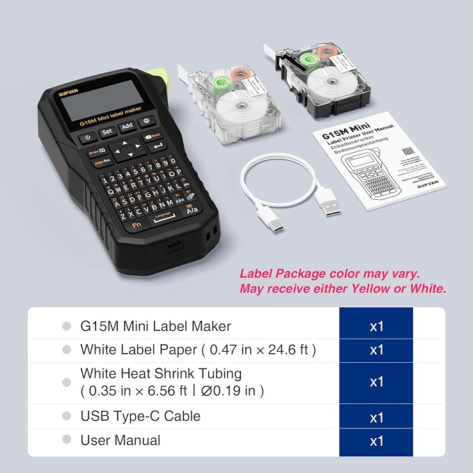 SUPVAN G15M Mini Portable Label Maker Machine with Heat Shrink Tube | Heat Shrink Tube & Multiple Label Types, Rechargeable, Minimal Margin, LCD Backlit, Thermal Transfer, Home, Garage, Outdoor