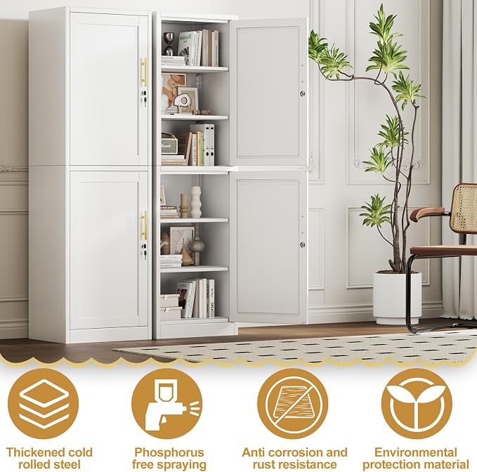 Tall Narrow Slim Metal Storage Cabinet with Lock and 5 Adjustable Shelves,Steel File Cabinets,Kitchen Pantry Cabinet Locker Organizer - 67" Storage Cabinets for Bathroom,Bedroom,Office