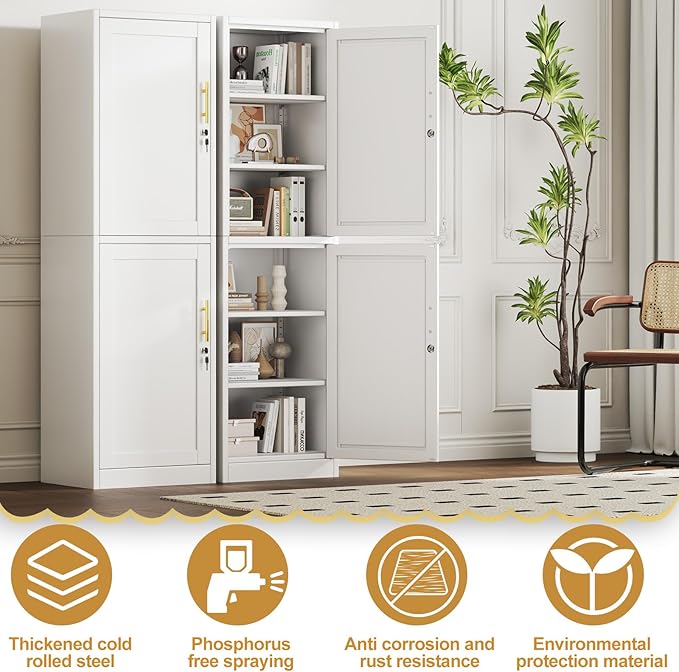 Tall Narrow Slim Metal Storage Cabinet with Lock and 5 Adjustable Shelves,Steel File Cabinets,Kitchen Pantry Cabinet Locker Organizer - 67" Storage Cabinets Bathroom,Bedroom,Office,White
