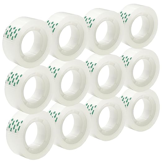 12 Rolls Transparent Tape Refills Rolls 3/4-Inch x 720 inch, 1 inch Core, Clear Gift Wrapping Tape Refill Roll for Office, Home, School