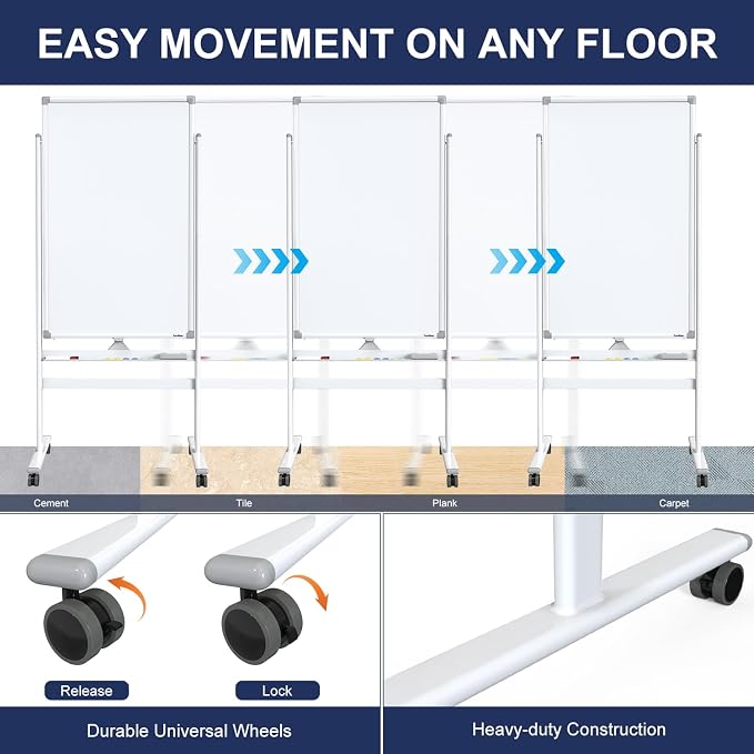 Rolling Whiteboard 40”x24” Standing White Board Dry Erase Board on Wheels | Height Adjustable, Magnetic Surface, Dry Erase, With Stand, Ideal for Classroom, Office, School, Home, Homeschooling, Teacher