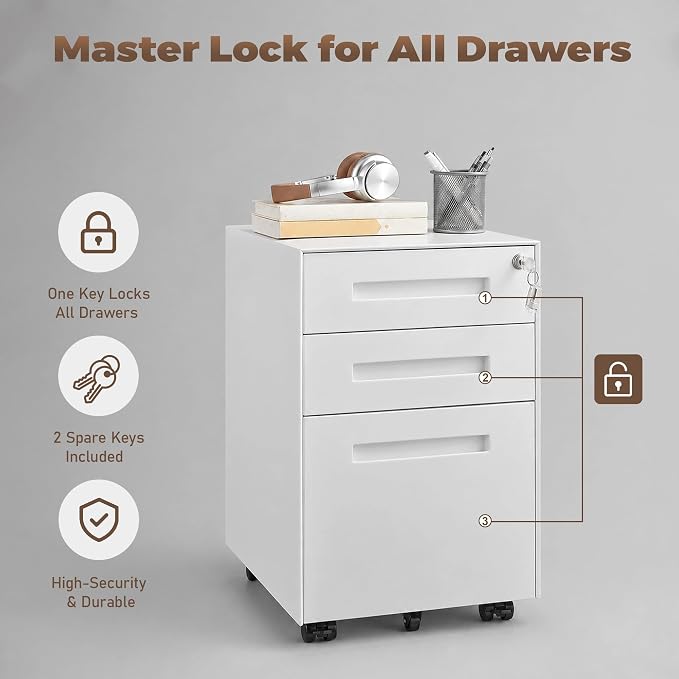 Approgreent Fully Assembled Home Office Filing Cabinet with Lock | Mobile File Cabinet with Anti-tipping Wheels, Fits A4, Letter & Legal Size Files & Folders, Matte White