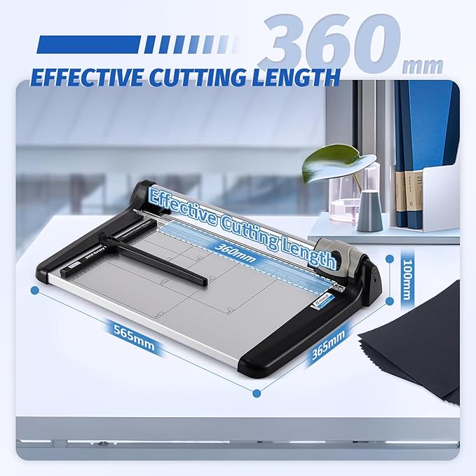 Rotary Paper Trimmer, 15 Sheets Heavy Duty Paper Trimmer, 360mm(14.17") Cutting Length, Commercial Grade Rotary Paper Cutter for Home/Office/School, Black & Silver | Sharp & Safe Blade, Effective for A4-A6 Size, Commercial Grade Rotary Paper Cutter for...