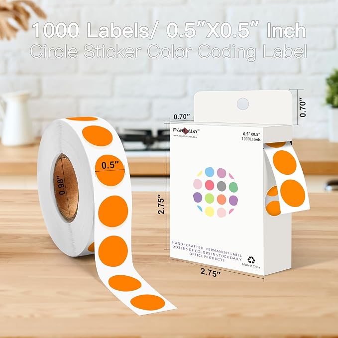 PARLAIM 1/2 Inch Circle Sticker Labels,1000 Stickers Round Color Coding Circle Dots Stickers,Roll Dot Stickers Label for Office Home Office(Orange)