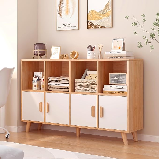 8-Cube Bookcase with Doors, 2-Tier Low Storage Cabient, Oak | Solid Wood Legs and Door Handles, Cubby Shelf with 4 Doors, Fits 11×11" Bins for Home & Office