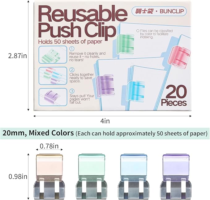 Push Paper & Binder Clips, 20 Pack 50 Sheet Heavy Duty No Damage | Reusable medium clamps with mark-free design. Ideal for office, school, home organization and daily paperwork sorting.