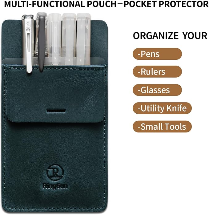 Pocket Protector for Men, Full Grain Leather Pen Protect Holder for Heavy Duty Shirts, Lab Coats, Holds Pens, Pointers, Cards, Hold 8 Pens and Pencils, Blue