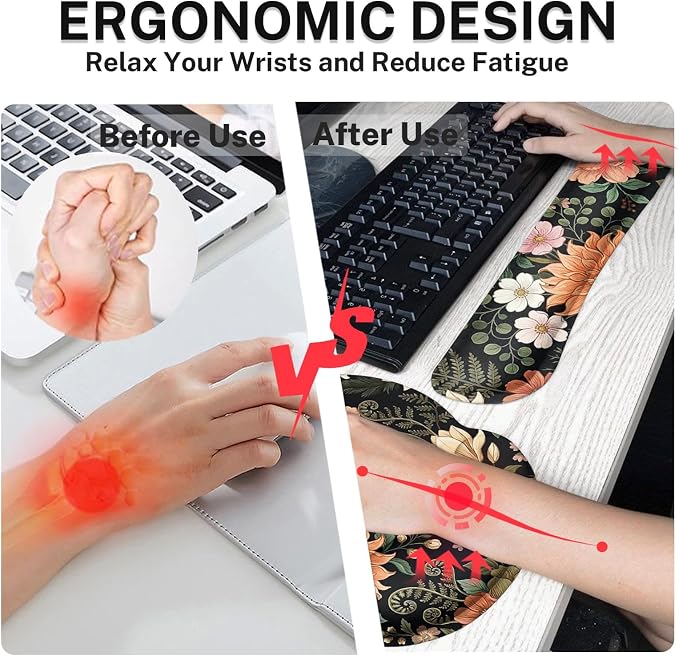Arttown Keyboard Mouse Pad Set, 4 in 1 Desk Mat Set Floral Spring | Flower Leaves Colorful Large Mousepad+Keyboard Wrist Rest+Mouse Wrist Rest+Coaster Ergonomic Design for Home Office Computer