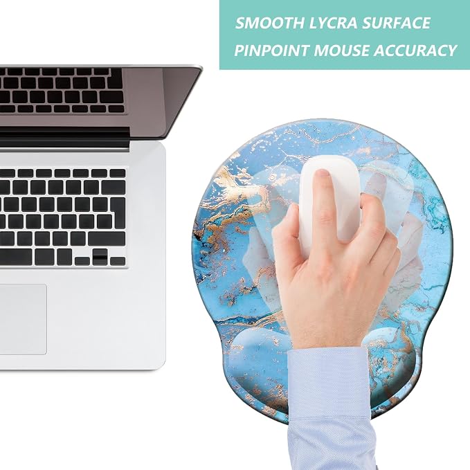 Mouse Pad with Wrist Support, Ergonomic Mouse Pad with Memory Foam Wrist Rest Cushion, Non-Slip Rubber Base Gaming Mice Pad for Home Office Computer Laptop, Sky Blue Marble
